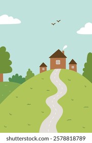 A spring or summer landscape with clouds, hills, houses, trees and a road. Vector hand-drawn illustration in flat style. Beautiful cartoon background with nature. Perfect for cards, banners.