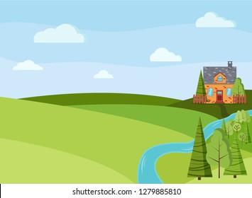 Spring or summer landscape with country farm house, green trees, spruces, fields, clouds in flat cartoon style. Summer nature scene vector background illustration.