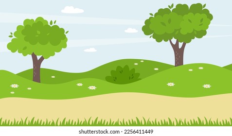 Spring or summer landscape in countryside with green meadow on hills and blue sky. Vector illustration 