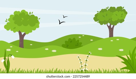 Spring or summer landscape in countryside with green meadow on hills and blue sky. Vector illustration 