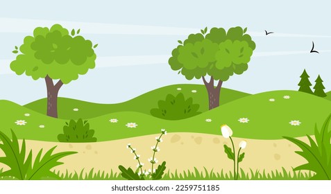 Spring or summer landscape in countryside with green meadow on hills and blue sky. Vector illustration 