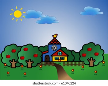 spring summer landscape with cute tower, vector