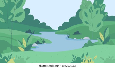 Spring summer landscape and field  green hills  river   forest  Vector illustration in trendy flat simple style  Background for banner  greeting card poster