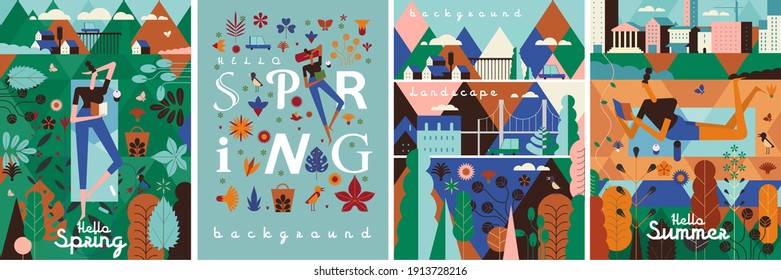 Spring, summer, landscape. A girl outside the city lies on the grass, flower meadow, city in the background. Lettering, poster. Set of flat vector illustrations. A set of posters, cards or covers.