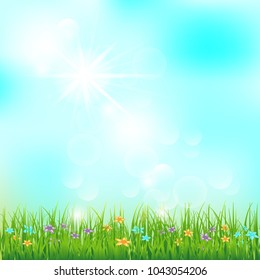 Spring or summer landscape, green grass, blue sky, sunlight, vector