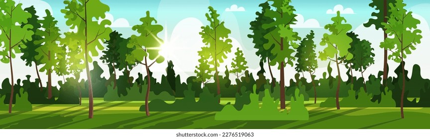 Frühlings- oder Sommerlandschaft mit grünem Gras, Büschen, Bäumen und blauem Himmel. Naturlandschaft im Garten oder Naturpark bei Tageslicht. Flacher Cartoon bunter Vektorgrafik.