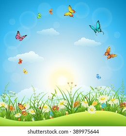 Spring or summer landscape with green grass, flowers and butterflies