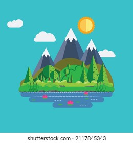Spring or summer landscape with green hills and trees near big mountains illustration.