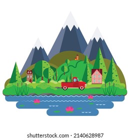 Spring or summer landscape with green hills and trees near big mountains, houses, red pickup truck illustration.