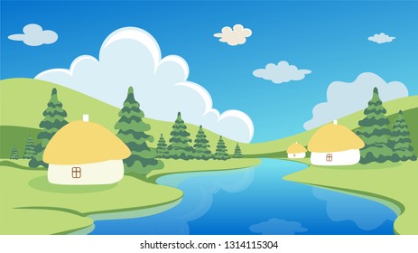 Spring or summer landscape with green meadows, clouds, trees, river and blue sky. Vector cartoon image of nature.