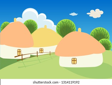 Spring or summer landscape with green meadows, clouds, trees, river and blue sky. Vector cartoon image of nature.