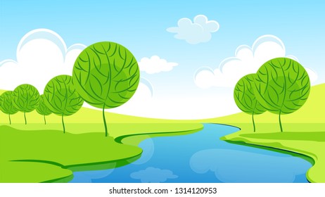 Spring or summer landscape with green meadows, clouds, trees, river and blue sky. Vector cartoon image of nature.