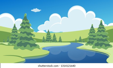 Spring or summer landscape with green meadows, clouds, trees, river and blue sky. Vector cartoon image of nature.
