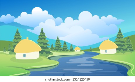 Spring or summer landscape with green meadows, clouds, trees, river and blue sky. Vector cartoon image of nature.