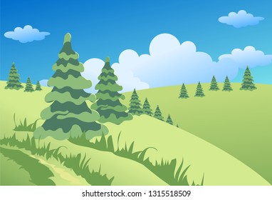 Spring or summer landscape with green meadows, clouds, trees, river and blue sky. Vector cartoon image of nature.