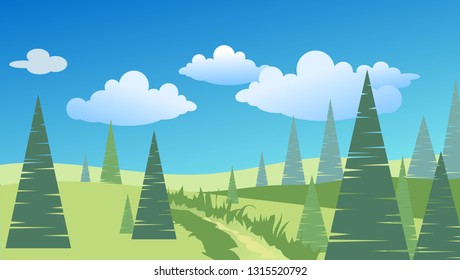 Spring or summer landscape with green meadows, clouds, trees, river and blue sky. Vector cartoon image of nature.