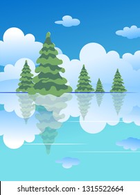 Spring or summer landscape with green meadows, clouds, trees, river and blue sky. Vector cartoon image of nature.
