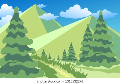 Spring or summer landscape with green meadows, clouds, trees, river and blue sky. Vector cartoon image of nature.