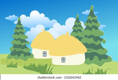 Spring or summer landscape with green meadows, clouds, trees, river and blue sky. Vector cartoon image of nature.