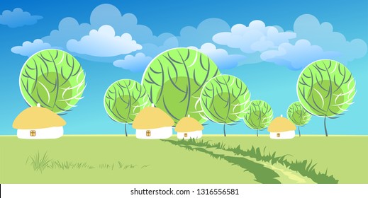 Spring or summer landscape with green meadows, clouds, trees, river and blue sky. Vector cartoon image of nature.