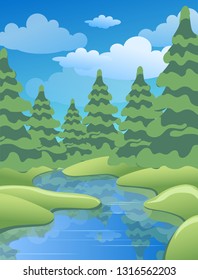 Spring or summer landscape with green meadows, clouds, trees, river and blue sky. Vector cartoon image of nature.