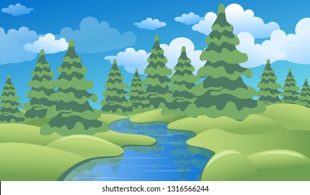 Spring or summer landscape with green meadows, clouds, trees, river and blue sky. Vector cartoon image of nature.