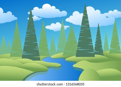 Spring or summer landscape with green meadows, clouds, trees, river and blue sky. Vector cartoon image of nature.