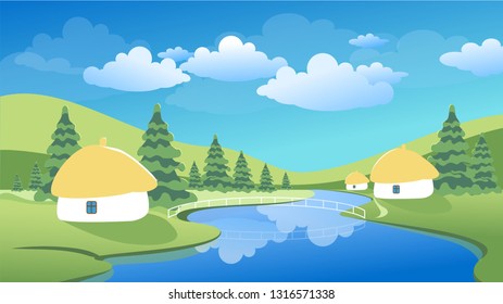 Spring or summer landscape with green meadows, clouds, trees, river and blue sky. Vector cartoon image of nature.