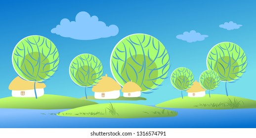 Spring or summer landscape with green meadows, clouds, trees, river and blue sky. Vector cartoon image of nature.