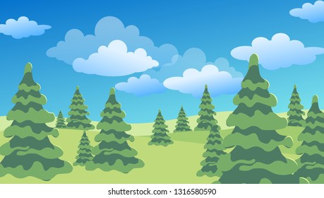 Spring or summer landscape with green meadows, clouds, trees, river and blue sky. Vector cartoon image of nature.