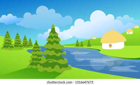 Spring or summer landscape with green meadows, clouds, trees, river and blue sky. Vector cartoon image of nature.