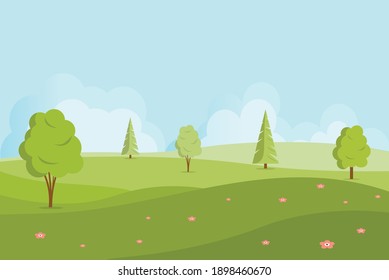 Spring or summer landscape with hills and trees. Vector nature landscape background. Illustration in cartoon style.