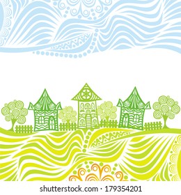 Spring summer landscape houses trees vector illustration