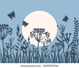 Spring summer landscape, meadow grasses, flowers, butterflies at sunrise. Illustration, poster, vector