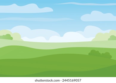 spring, summer landscape with meadows and sky with clouds; can be used as a backdrop for seasonal promotions, nature-inspired marketing campaigns, websites, social media posts- vector illustration