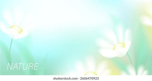 Spring, summer landscape. Natural green, blue,white gradient background. Abstract field, grass, flowers. Soft vector mesh gradient.