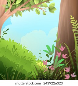 Spring or summer landscape scene, big tree and flowers on green grass lawn. Happy sunny summer fairy tale park cartoon. Vector forest nature background illustration in watercolor style.