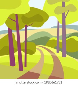 Spring, summer landscape. Trees, fields, sky. Vector illustration in flat cartoon style.
