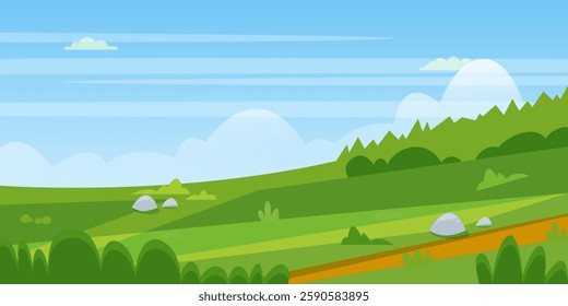 Spring or summer landscape. Vector flat cartoon illustration of green grass farm fields. Countryside meadow, rural panorama. Banner background and design elements