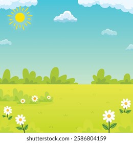 Spring and summer landscapes bloom with flowers and grass meadow under sunny skies background illustration design for copy space