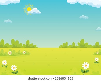 Spring and summer landscapes bloom with flowers and grass meadow under sunny skies background illustration design for copy space