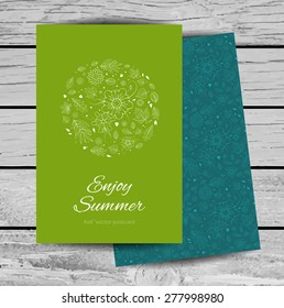 Spring or Summer Leaves and Flowers Design Template. 3x6 inches postcard design mockup. Colorful Spring Romantic Postcard.