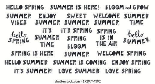 Spring, summer lettering quotes set, collection, isolated on white. Hand drawn vector illustration. Scandinavian style typography. Design concept, element for tee, fashion print, poster, card, invite