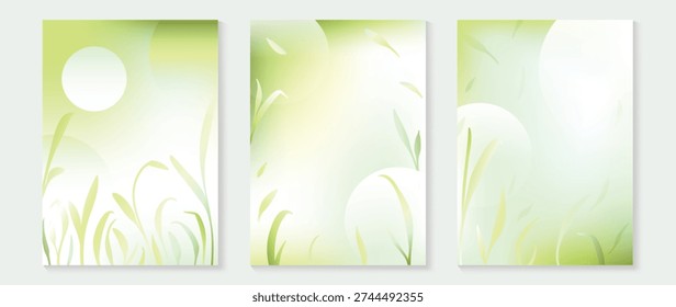 Spring and summer light green background set with sun glow, soft gradients, and gentle grass and plant silhouettes.