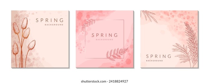 Spring summer loral social media square post templates set. Waterolor green, beige, pink, pastel abstract flower background and greeting cards design. Circle and square botanical plant frame