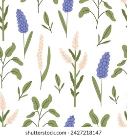 Spring or summer meadow flowers in white and blue seamless pattern. Simple flat modern drawing. Floral texture for textile and fashion design. Spring botanical print.