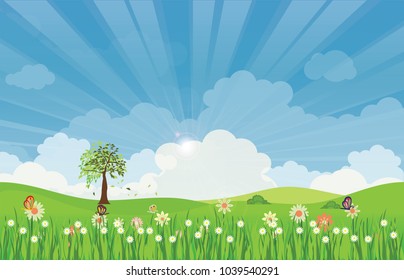Spring summer meadow landscape with sun rays and flowers, vector illustration.