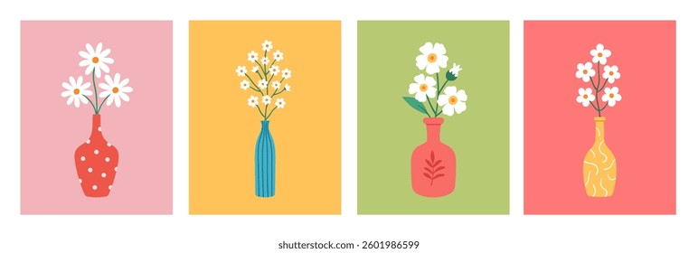 Spring and summer minimalist postcards with flowers in vases