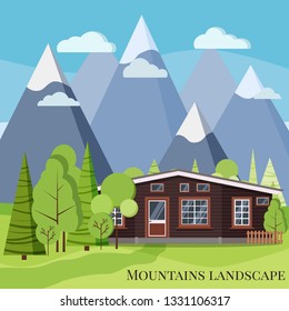 Spring or summer mountain landscape nature scene with rural wooden farm house, fences, green trees, spruces, clouds, mountains, road in cartoon style.  Flat design vector background illustration.