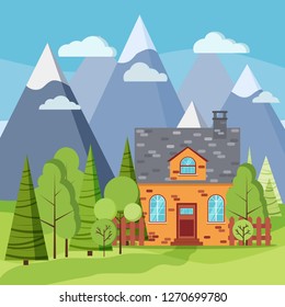 Spring or summer mountain landscape scene with brick farm house, green trees, spruces, clouds, mountains, road in flat cartoon style. Summer vector background illustration.